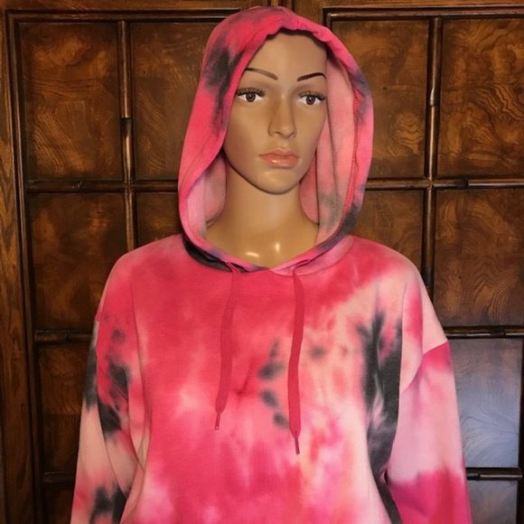 Raspberry Fleece Lined Cotton Blend Cropped Tie Dye Sweatshirt Hoodie - Picture 9 of 15